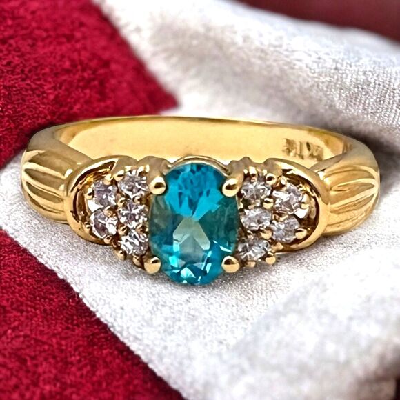 Vintage Ring Size 9 Blue Cubic Zirconia Crystal 18K Gold Plate Mid-Century 14E - Picture 1 of 15